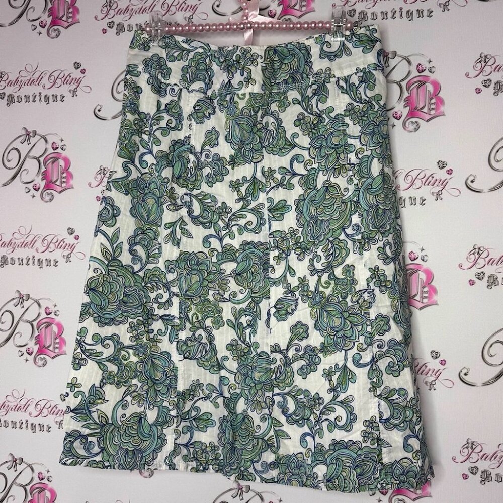 Eddie Bauer skirt paisley print boho green white blue spiral swirls floral